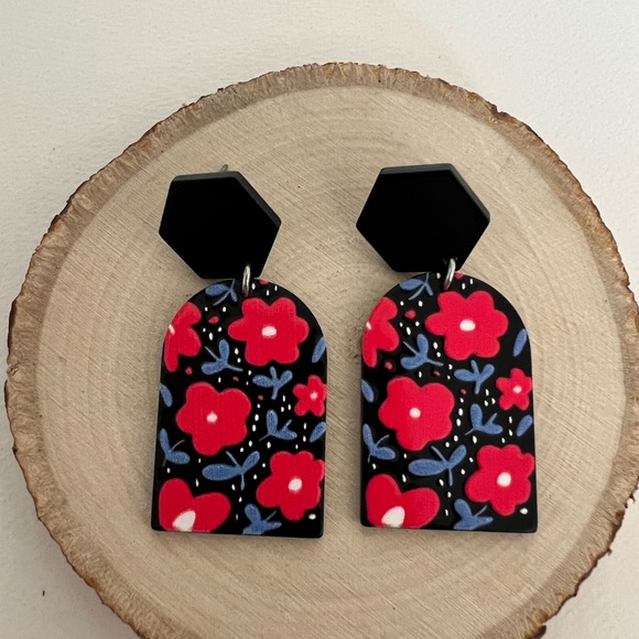 Art Nouveau Floral Drop Earrings -Artsy Dangle Earrings -Flower Pattern Earrings - Picture 8 of 16